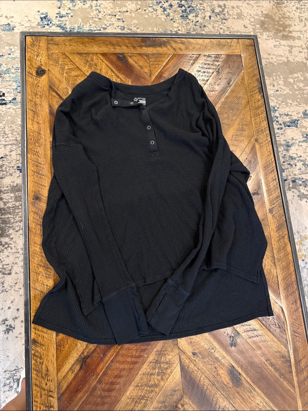 Waffle-Knit Long Sleeve Henley Top in Black